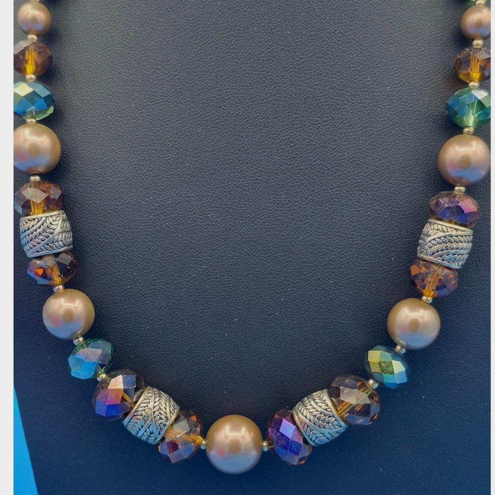 Vintage Necklace Faux Pearl Glass Bead Bronze Brown Iridescent Silver Spacers